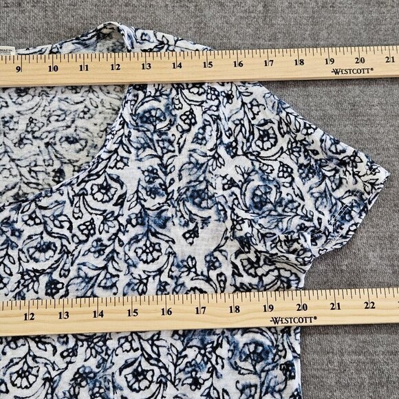 Artisan NY Top L Womens White Navy Floral SS Round Neck Office Casual Linen Boho - Picture 4 of 12